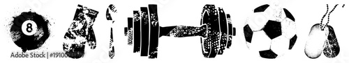Distressed black and white vector 8 ball, winter mittens, spoon, dumbbell, soccer ball, dog tags gritty texture, isolated symbols for design use.