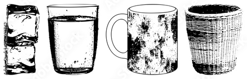 Ice cubes, drinking glass, ceramic mug, woven basket cup all rendered in halftone vector art,, textured surfaces, isolated objects.