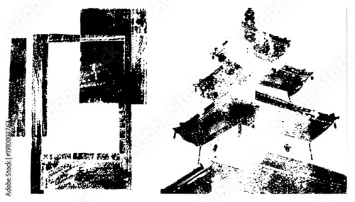 Stylized with tiered roofs and ornate eaves, paired with traditional wooden door frame, both rendered in high contrast halftone vector art.