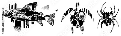 Black and white vector art of fish, turtle, and spider with halftone textures and abstract geometric shapes, isolated design elements for graphic use.