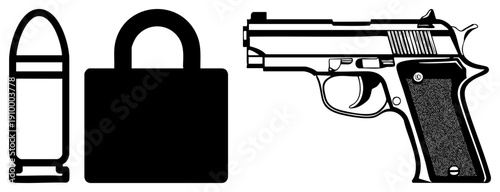 Security and symbols ammunition, lock, firearm, safety, protective gear, armed protection, weapon and restraint.