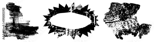 Rough, textured black and white graphic elements with splattered ink and worn brushwork, ideal for design or background accents.