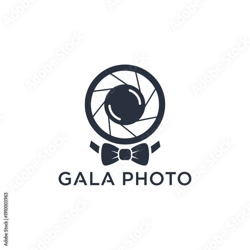Professional camera lens shutter with elegant bowtie icon logo for luxury event photography and wedding studio vector with text Gala Photo