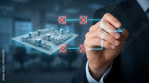 Close-up of a businessman's hand drawing a 3D industrial layout with a marker in a dark office with futuristic and technological mood.