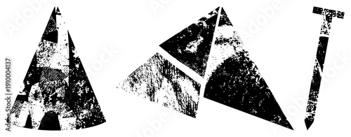 Stylized uppercase letters A and T rendered in distressed triangular forms, vector typography with gritty texture, graphic design elements, stencil aesthetic.