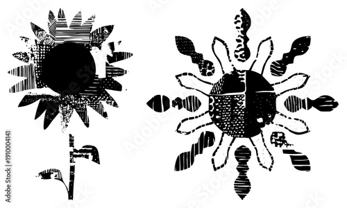 Graphic sunflower with textured petals and stem, paired with abstract sun motif, both rendered in halftone, vector art, black and white, artistic print style.