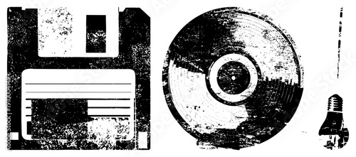 Retro tech symbols including floppy disk, compact disc, and incandescent bulb, distressed halftone style, digital nostalgia, obsolete, analog tech relics.