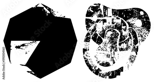 Abstract black shapes with grunge texture, hexagon and pacifier cutouts, vector art, gritty design, stylized forms, isolated graphics.