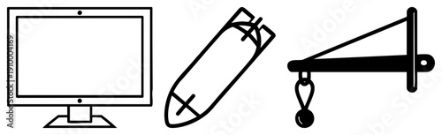 Simple black computer monitor, bomb, crane hook. Vector symbols for UI, safety, or industrial design. Flat, clean, technical illustrations.