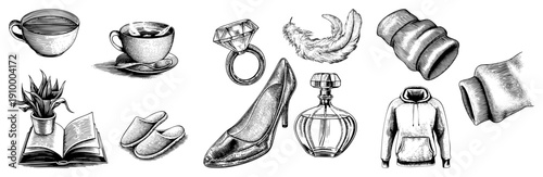 Hand drawn depicting tea, perfume, jewelry, fashion, and home goods, rendered in classic engraving style with fine hatching and shading.