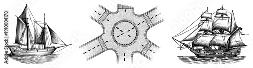 Classic sailing ship with full sails, maritime vessel, nautical transport, roundabout road junction, urban traffic design, black and white vector art.