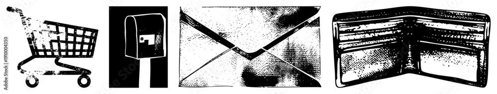Obraz premium Black and white halftone of shopping cart, mailbox, envelope, and wallet, vector graphic, isolated symbols, commerce and communication tools.