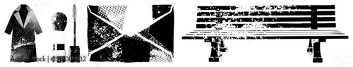 Black and white halftone graphic set featuring coat,, envelope, and bench. Stylized vector with dot texture, isolated design elements for UI or print.