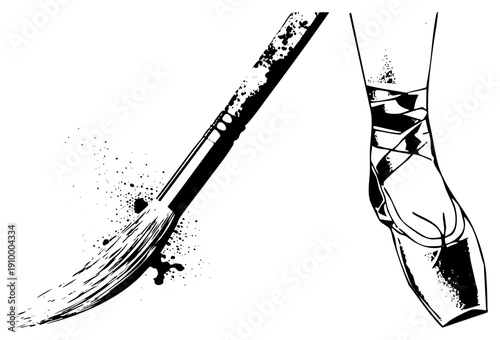 Painter’s brush with ink splatter beside ballet pointe shoe, artistic tools, creative, performance art, visual expression, dance and painting fusion.