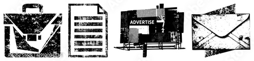 Retro styled business symbols with distressed texture, including briefcase, document, billboard, and envelope, ideal for marketing or corporate design.