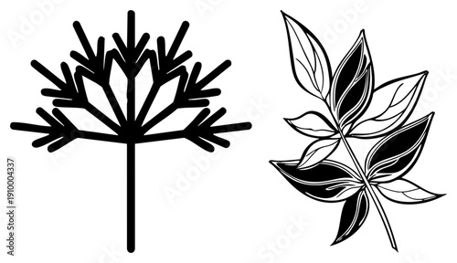 Stylized tree branch and leaf cluster rendered in bold black, botanical illustration, graphic design element, nature motif, vector art.