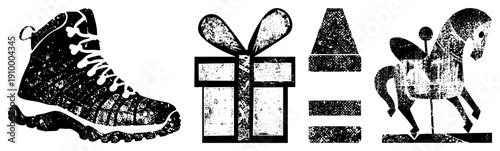 Stylized black and white vector with distressed texture hiking boot, gift box, candle, wooden horse. Retro graphic design, isolated elements for branding or UI.