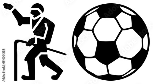 Footballer striking soccer ball, athlete in motion, sports, kick action, black silhouette, vector graphic, isolated design.
