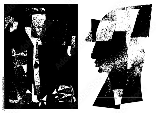 Fragmented human profile composed of sharp geometric shapes, halftone texture, modern graphic art, vector silhouette, abstract portrait, cubist composition, digital illustration.