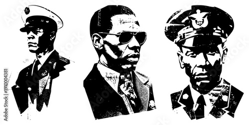 Portrait busts of three Black men in stylized uniforms, one in naval cap, one in sunglasses with tie, one in officer’s cap with emblem, halftone graphic style.