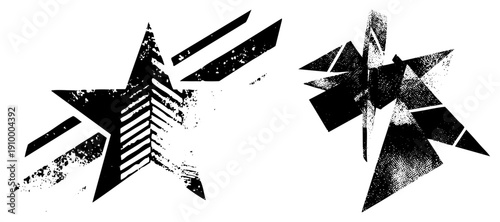 Bold black starburst shapes with distressed texture, graphic design elements, halftone dots, vector art, modern abstract composition.