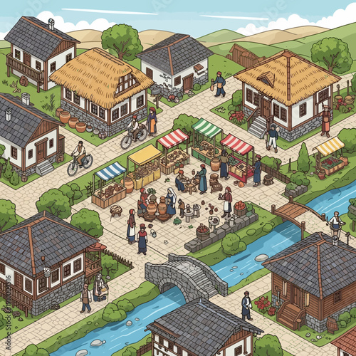 Isometric village scene with marketplace, river, and traditional houses