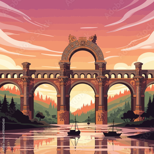 Pixel art aqueduct bridge over river with boats at sunset