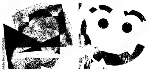 Black and white vector graphic with halftone texture, abstract geometric forms, smiling face, stylized shapes, graphic design element, isolated foreground.