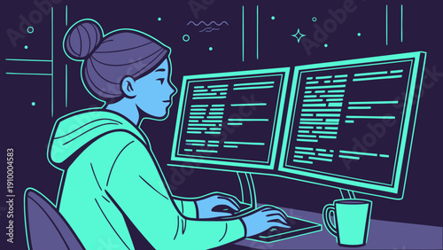 A cartoon illustration of a professional woman or student sitting at an office desk working on a laptop computer with a monitor and keyboard in a modern technology room