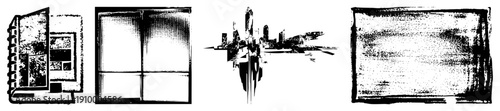Four stylized cityscape fragments rendered in halftone, urban decay motifs, graphic design elements, vector art, textured cityscapes.