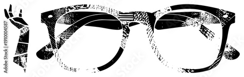 Vintage eyewear with distressed texture, bold frame, graphic illustration, style, isolated cutout, flat vector art, optical accessory.