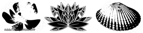 Stylized and marine motifs rendered as vector silhouettes, including lotus bloom, scallop, and abstract flower, ideal for graphic design, tattoos, or branding.