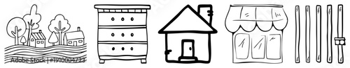 Minimalist drawings of countryside dwellings, dresser, cottage, storefront, and wooden fence, rendered in clean vector style with no shading or.