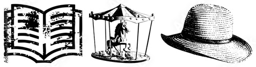 Open book with aged texture, classic carousel horse, wide brimmed straw hat, vector, nostalgic design elements, isolated symbols.