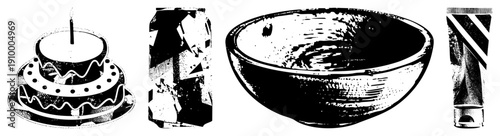 Retro halftone illustrations of birthday cake, beverage can, ceramic bowl, and cosmetic tube, vector art, isolated objects, graphic design elements.