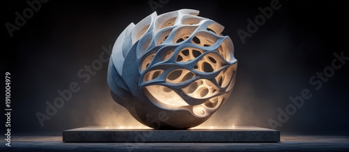 Sphere of swirling, layered segments with internal openings, lit from within