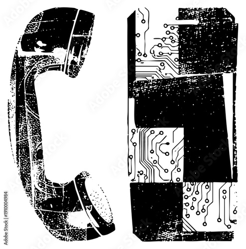 Retro phone handset juxtaposed with exposed circuitry, analog communication device, tech nostalgia, digital heritage, black and white vector illustration.