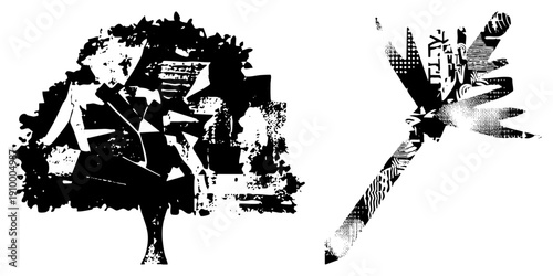 Stylized tree with textured foliage and geometric dragonfly, halftone, graphic design elements, vector art, isolated foreground.