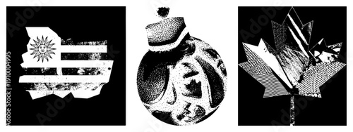 Vector halftone renditions of national emblems, Uruguay flag sun, soccer ball, Canadian maple leaf, stylized graphic design,, isolated symbols.