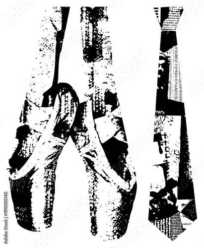 Stylized ballet pointe shoes and necktie rendered in high contrast halftone, artistic graphic design, fashion accessory fusion, vector illustration, art.