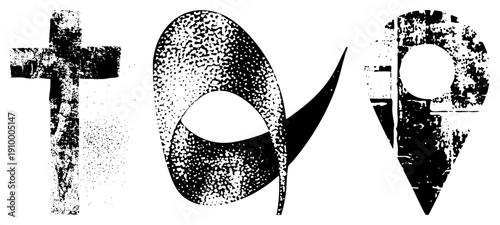 Stylized letterforms with halftone dot, distressed textures, and bold negative space, ideal for modern branding or graphic design projects.