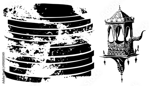 Abstract architectural tower with ornate and elephant motif, paired with layered disc shapes with distressed texture, vector illustration, graphic design element.