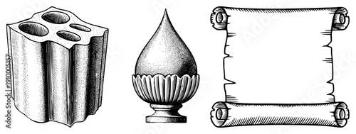 Ornate column capital with fluted base, textured stone block with holes, aged parchment scroll frame, classic design motifs, historical detailing.