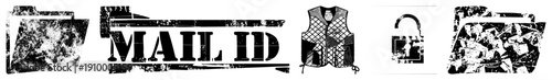 Distressed black and white vector email folder, mail ID label, vest, padlock, and fragmented folder ideal for UI, web, or print design with gritty texture.