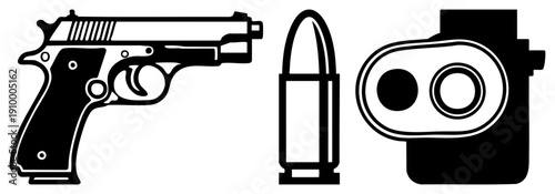 Firearms set featuring pistol, cartridge, and optical sight, vector graphic, tactical gear, weapon symbols, military equipment, gun, weapon.