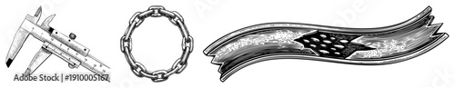 Classic measuring tool, interlocking chain, decorative ribbon with center, engraved, technical illustration, design.