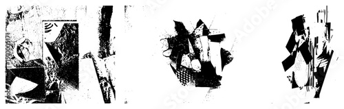 Fragmented black and white forms with halftone texture, abstract composition, graphic design elements, vector art, modernist aesthetic, isolated shapes, stylized abstraction.