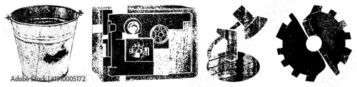 Weathered metal pail with rust, antique safe with dials, abstract metallic sculpture, industrial gear wheel all rendered in halftone vector style with textured grain.