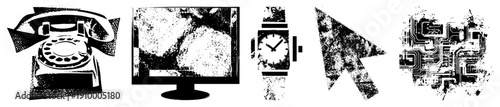 Retro tech including rotary phone, computer monitor, wristwatch, mouse cursor, and circuit board, rendered in halftone style with distressed texture.