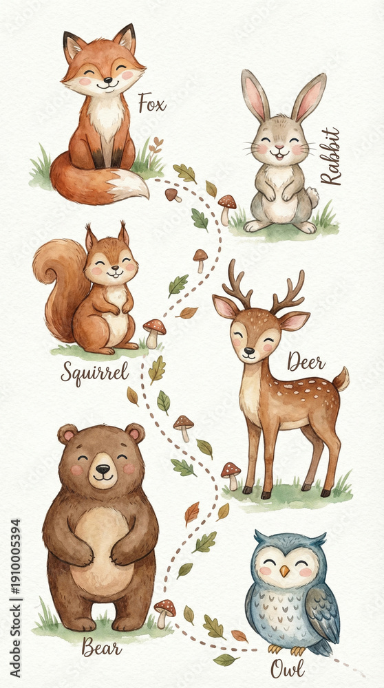 Naklejka premium Watercolor Woodland Forest Animals Set for Kids. Cute Characters of Fox, Rabbit, Squirrel, Deer, Bear and Owl on Autumn Path with Mushrooms. Educational Nature Poster for Nursery Wall Art and Preschoo